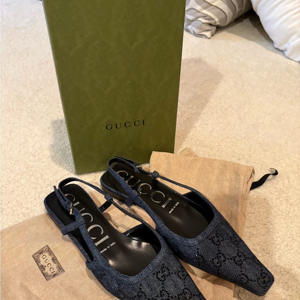 Gucci Women's Blue denim Gg Slingback with crystal detail
